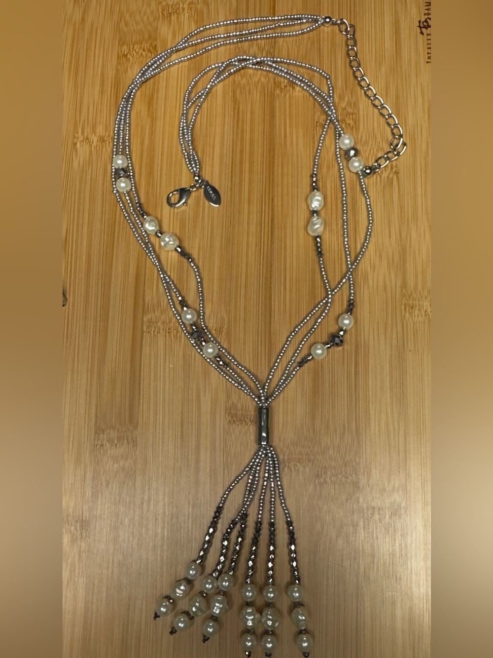 Chico's Faux Pearl Beaded Tassel Y-Lariat Statement Necklace.